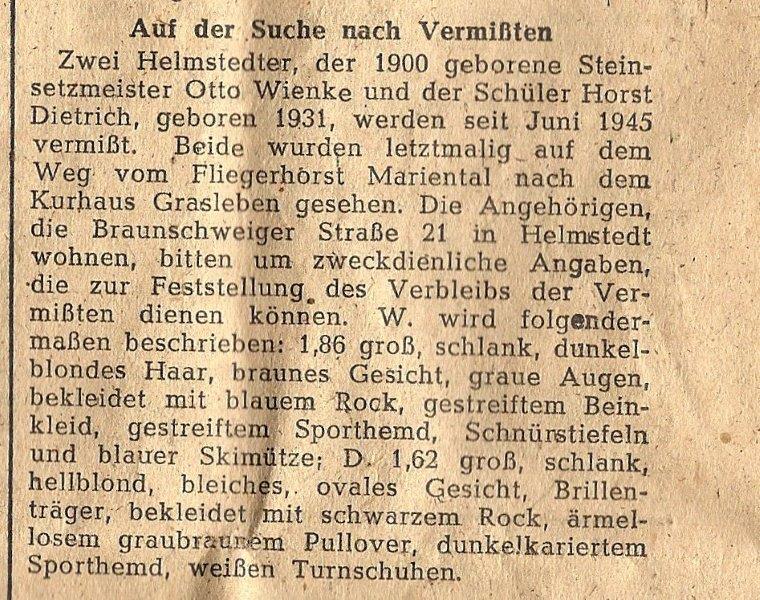 Vermißtenanzeige BZ Helmstedt 26,04,1946 Otto Dietrich und Otto Wienke